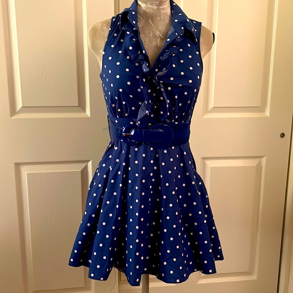 Retro Blue Pocket Dot Dress